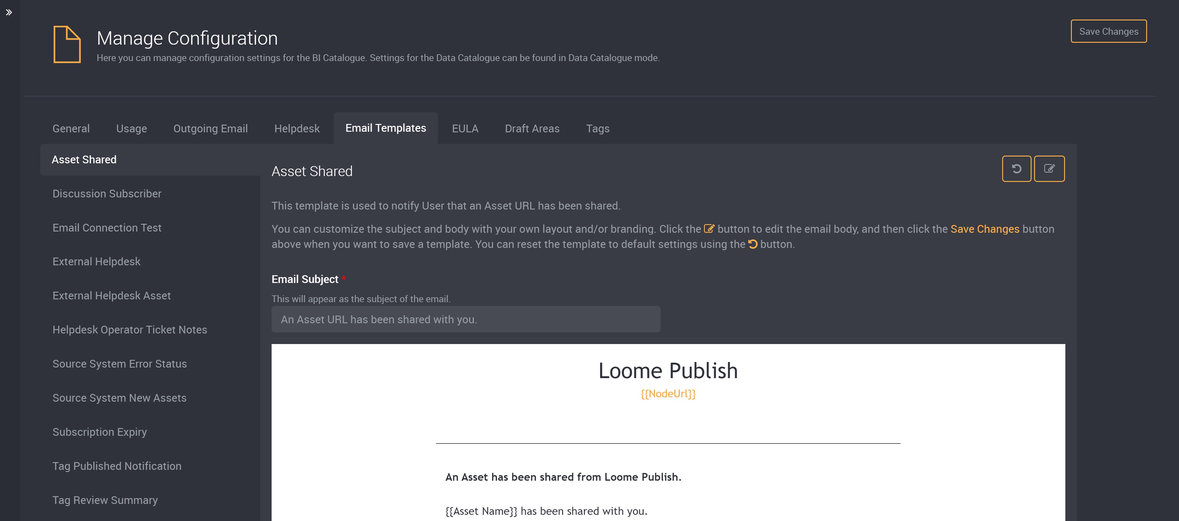 Email Template Settings page